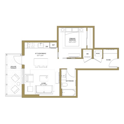 Floor plan for 1 bed, 1 bath, 597 sqft